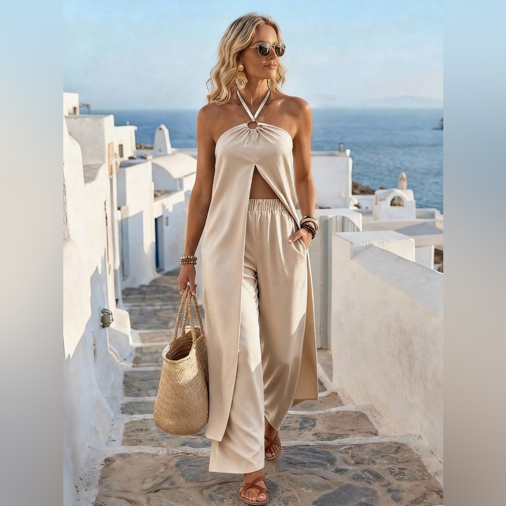 2 piece set: coords tan halter top long open front & wide leg pants boho cream